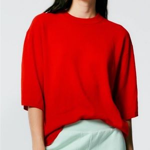 Tibi Red Cashmere Easy Tee Short Sleeved Sweater